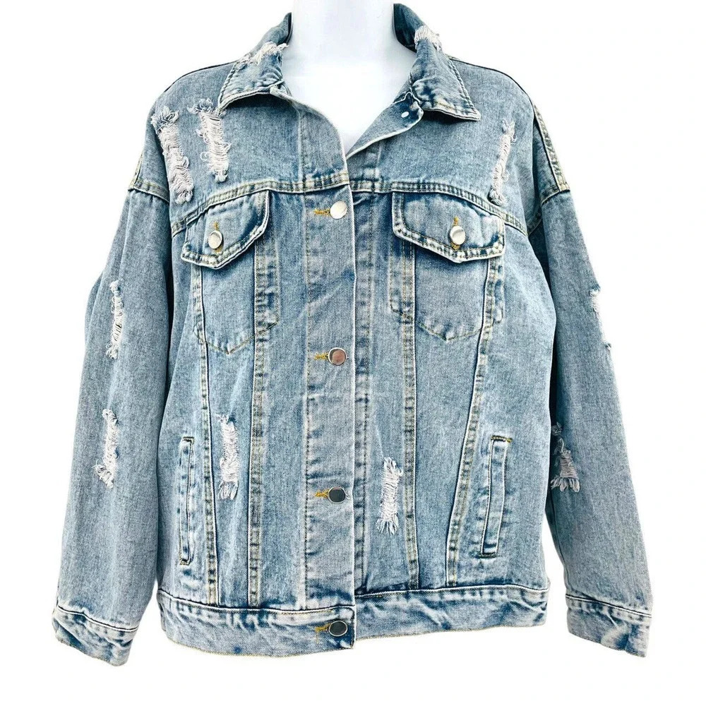 J.NNA Women's Distressed Denim Jean Jacket Small Flower Patch Beads Sequins